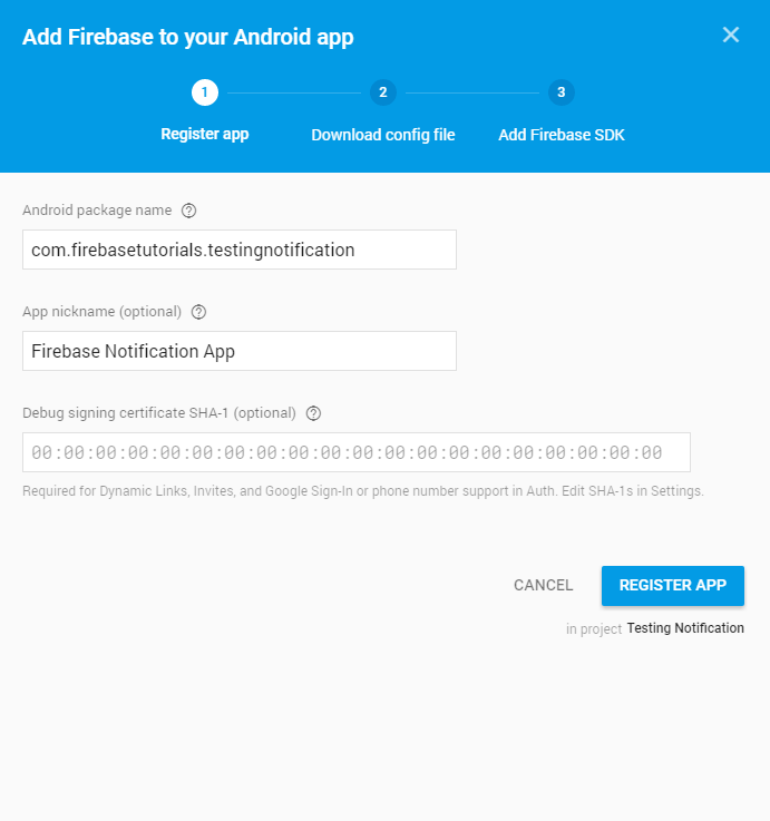 Registering App for Firebase Console Notification