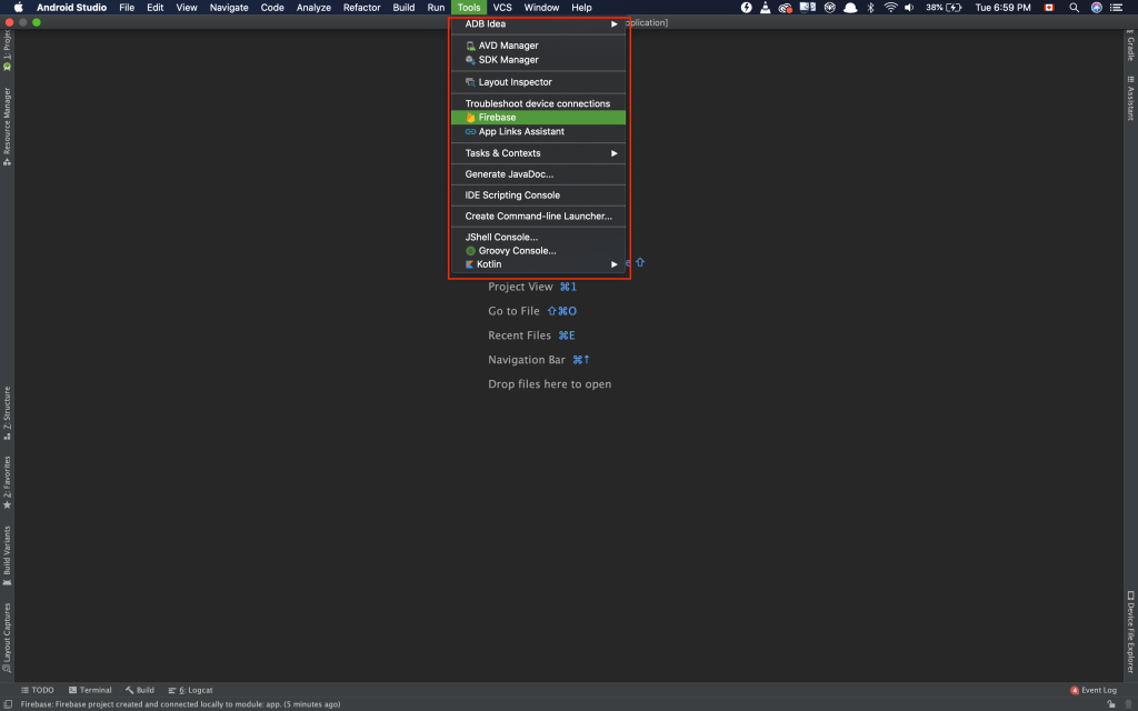 Selecting Firebase Plugin in Android Studio Screenshot