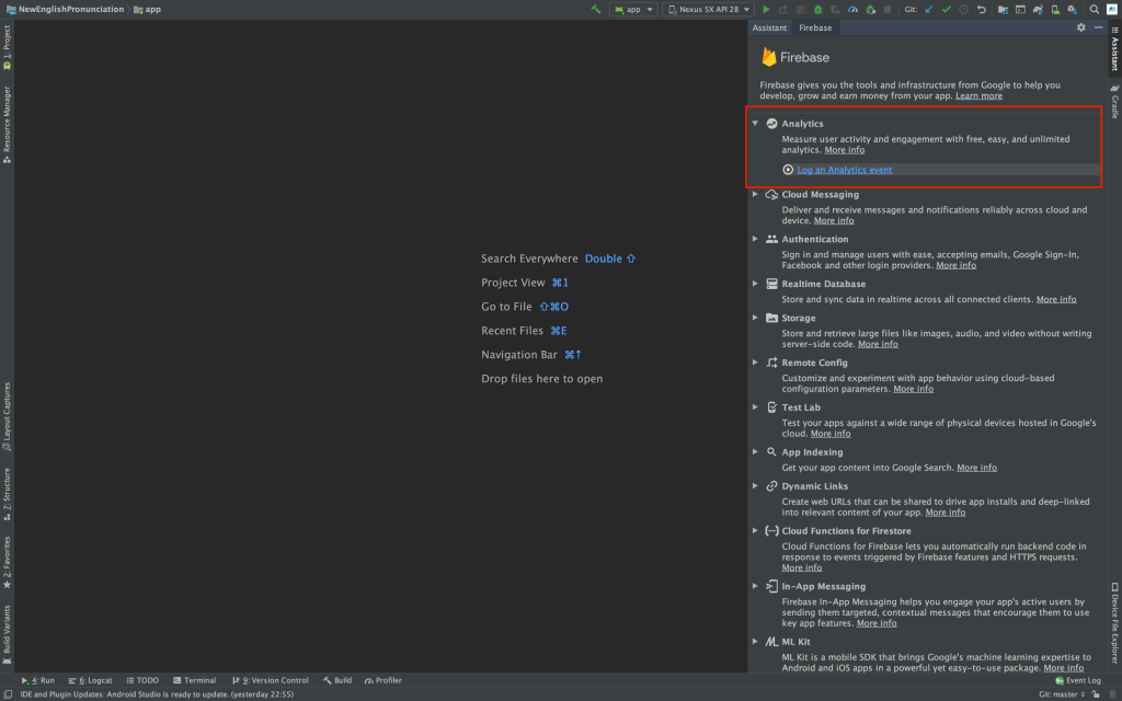 Selecting Firebase Analytics Android Studio Screenshot