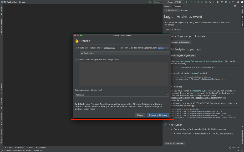 Connecting Android Studio Project to Firebase Screenshot