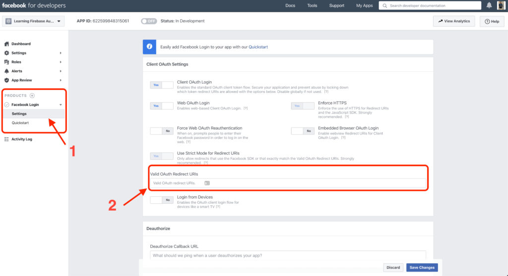 Saving Firebase OAuth Redirect URI to Facebook Dashboard