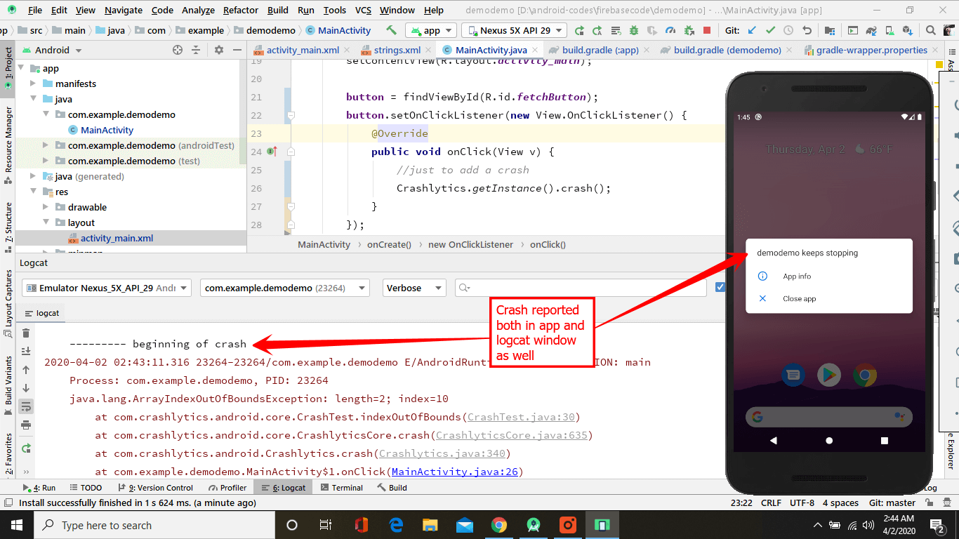 Crash shown in app and in logcat