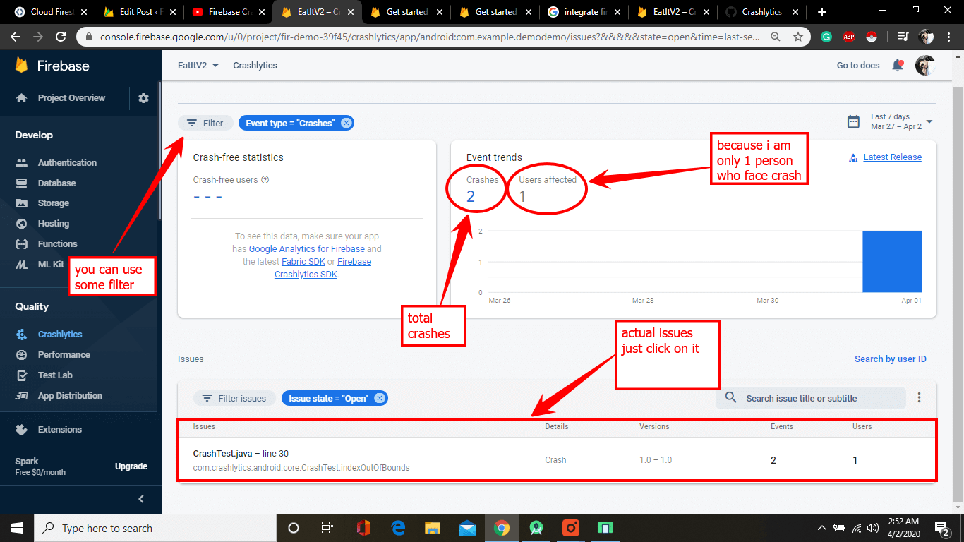 Crashlytics event issues