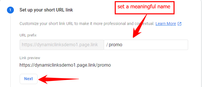 create dynamic link setup short url