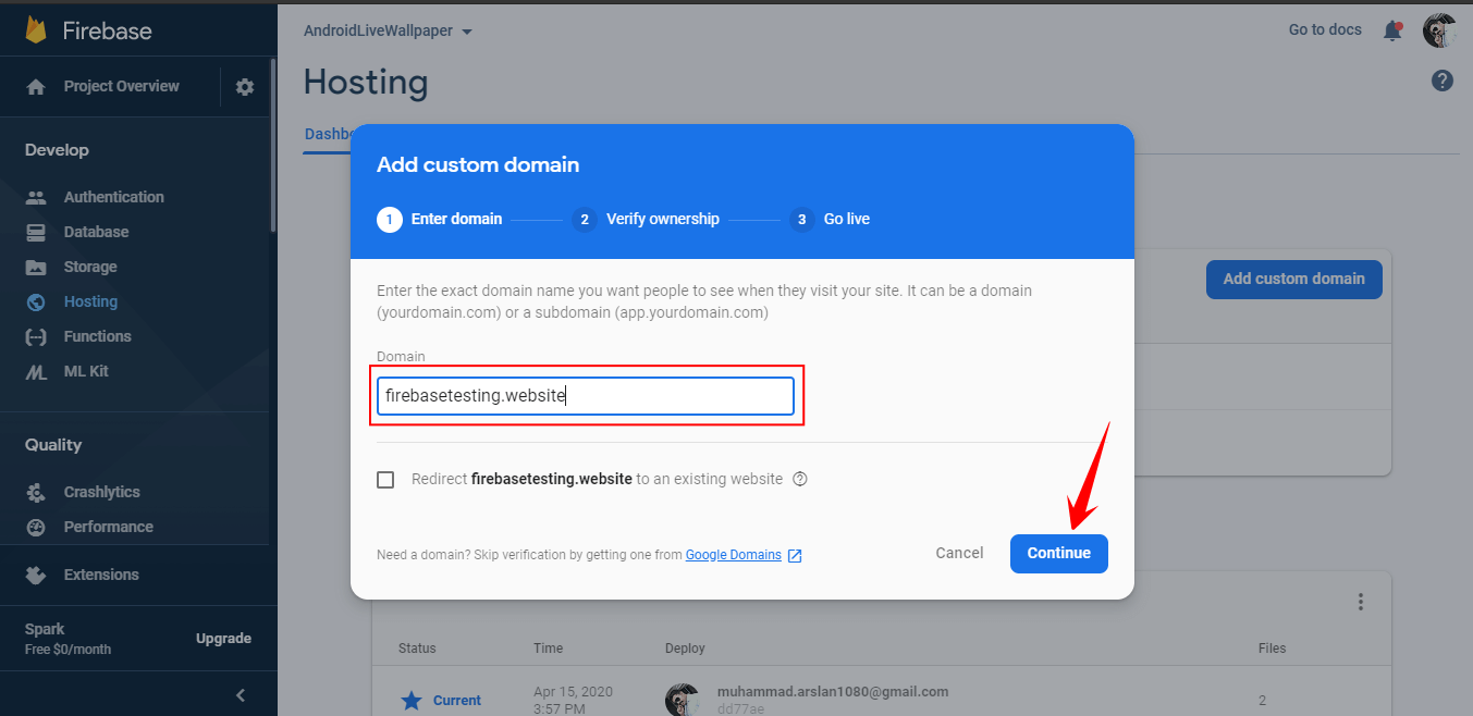 Enter custom domain Firebase hosting