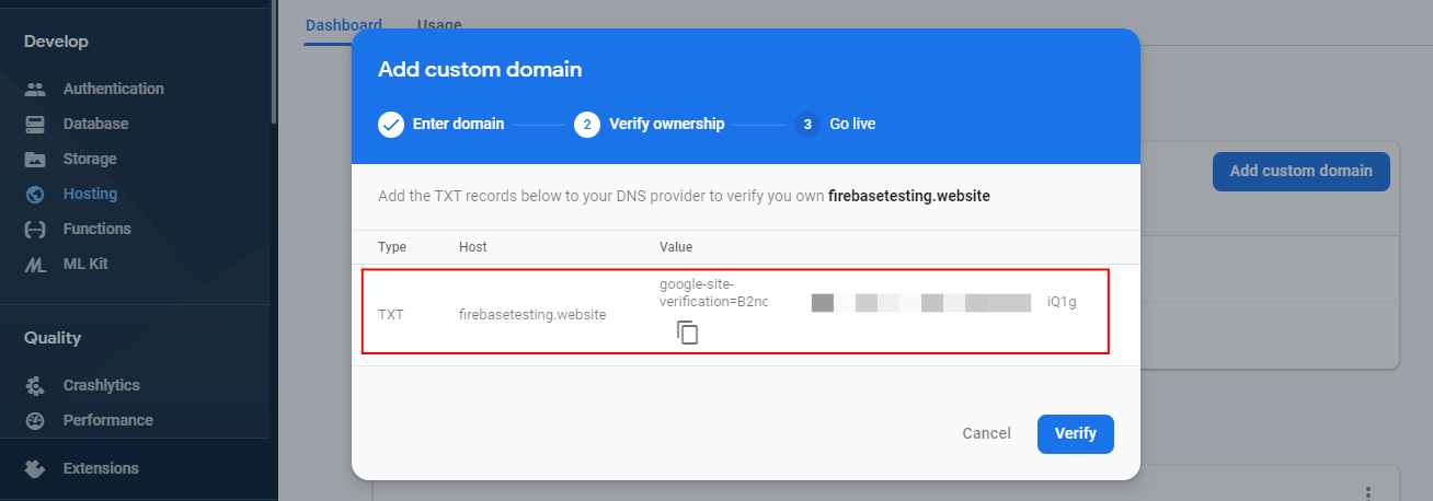 Verify domain ownership in firebase console