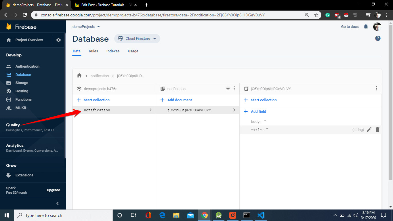 Firestore database look like 