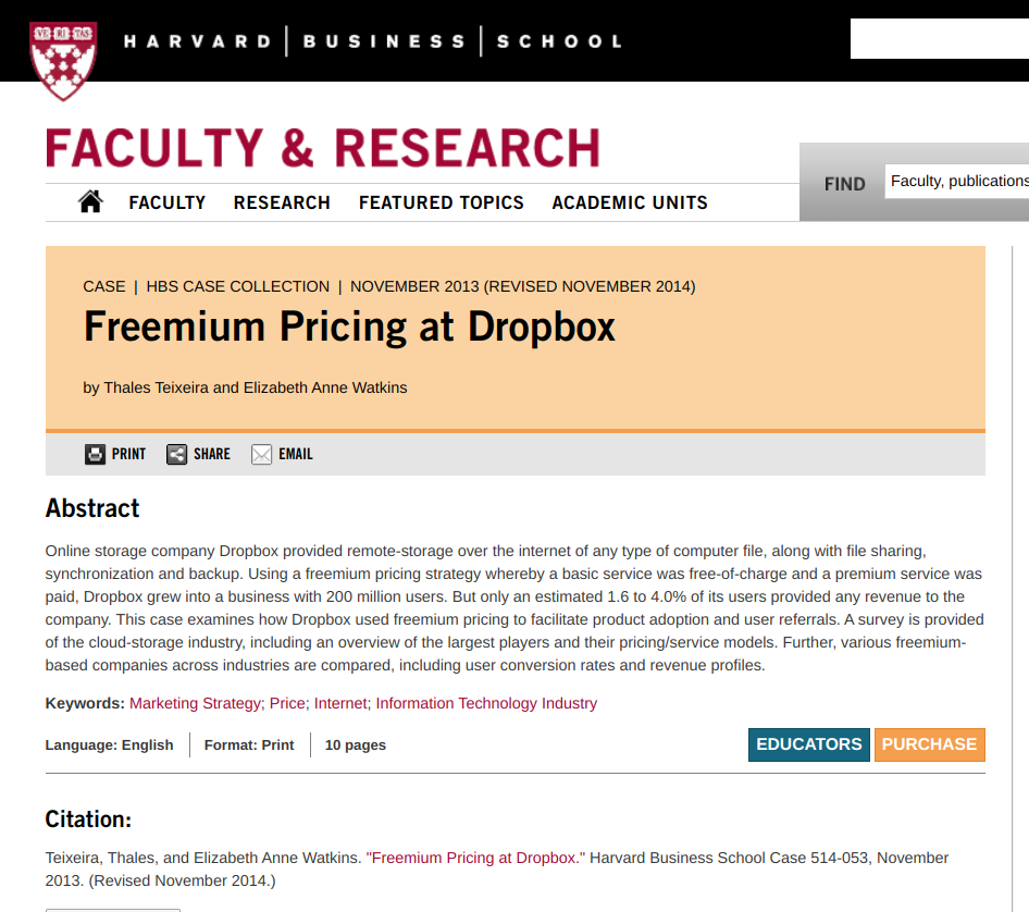 Harvard Research Dropbox Freemium Model