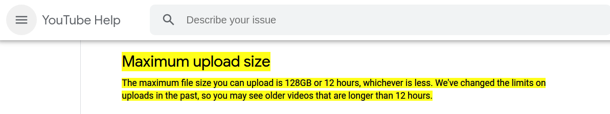 Youtube video size limit