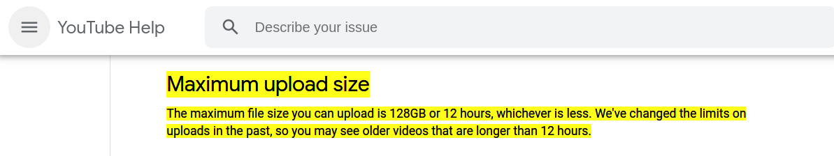  Youtube video size limit